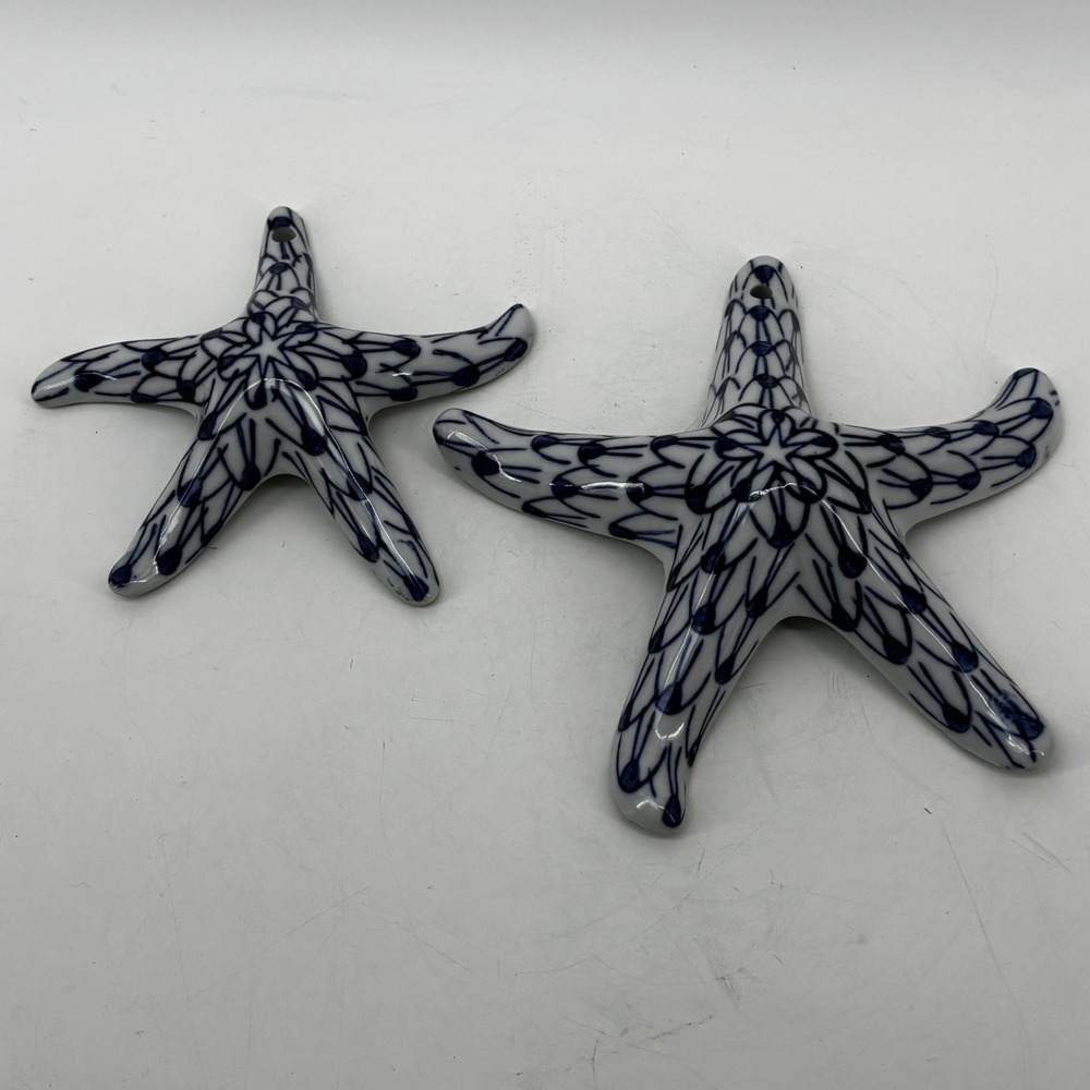 AndreaSadekHerrendStyleBlueWhiteCeramic Starfish Decor Set 2 Coastal Nautical